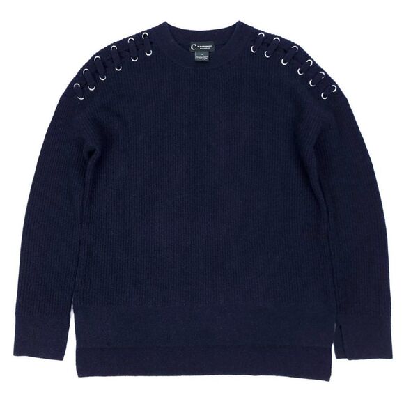 BLOOMINGDALES 100% Cashmere Ribbed Lace Up Shoulder Pullover Sweater Navy Small - Picture 1 of 7